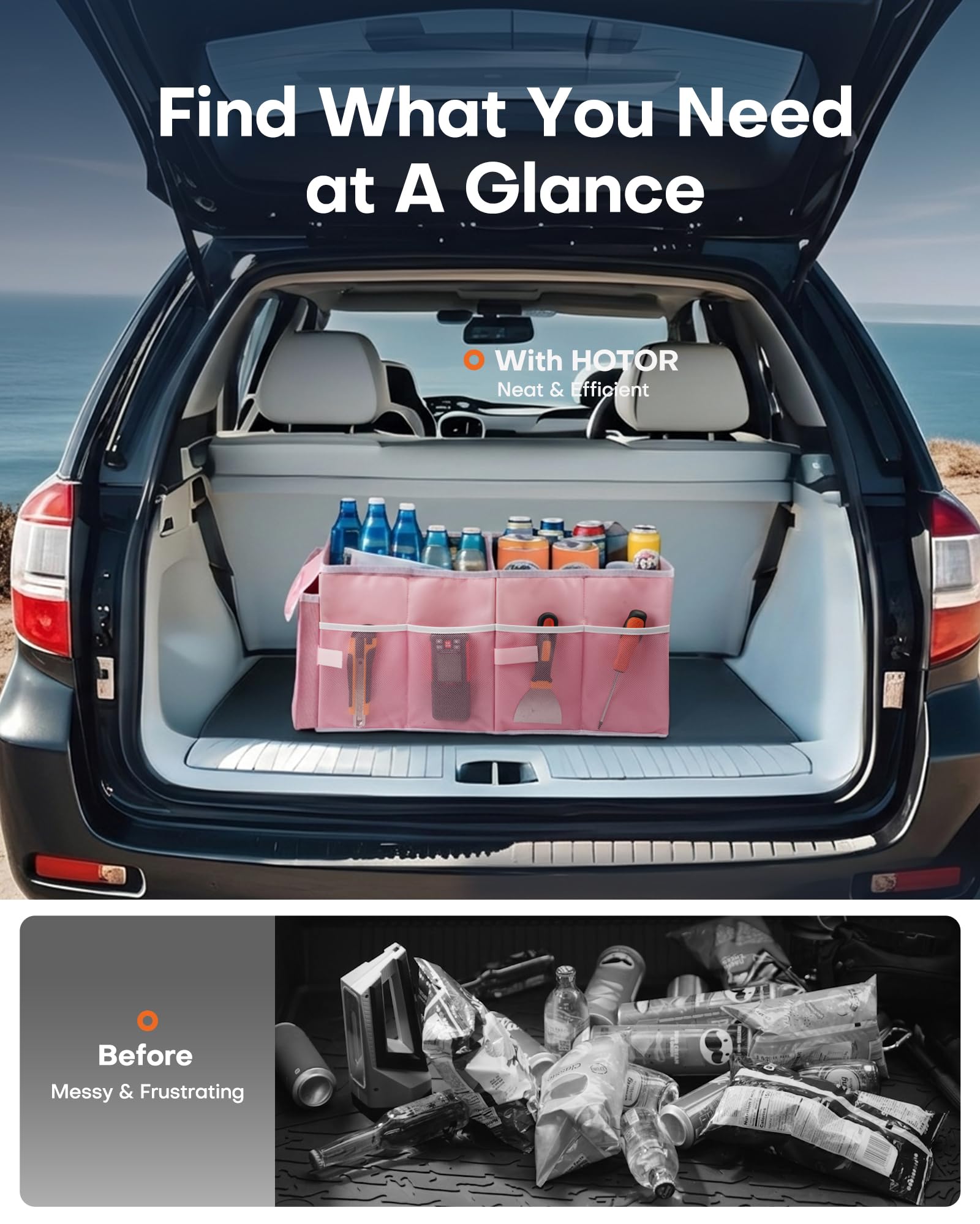 HOTOR collapsible trunk organizer folds flat for home storage.