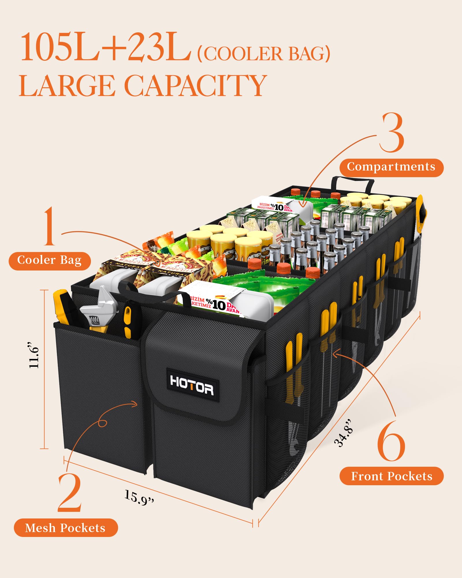 HOTOR trunk organizer detachable 23L cooler bag keeps drinks cool in vehicle.