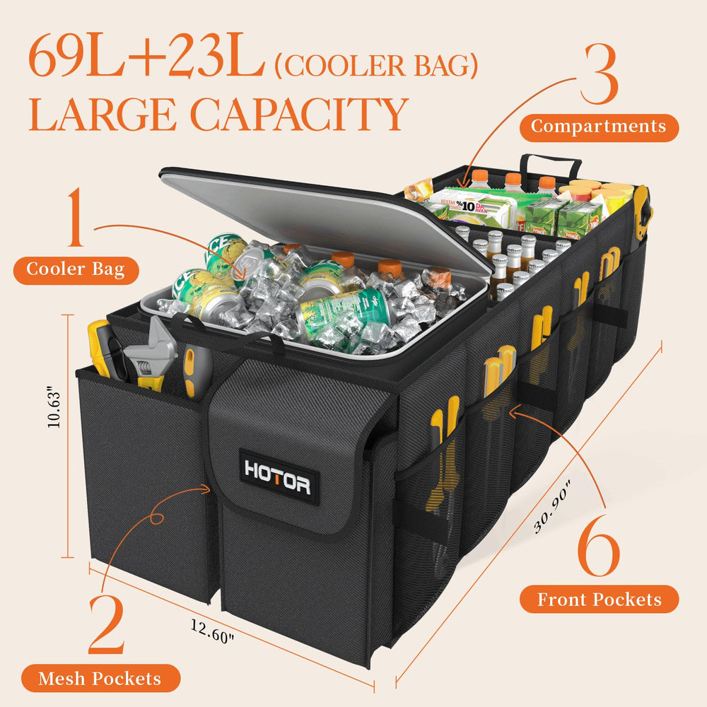 HOTOR detachable cooler bag shows extra 23L cooling for drinks and snacks.