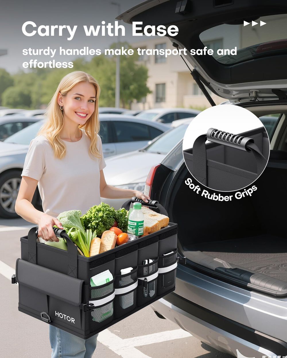 HOTOR trunk organizer durable base and side panels maintain shape