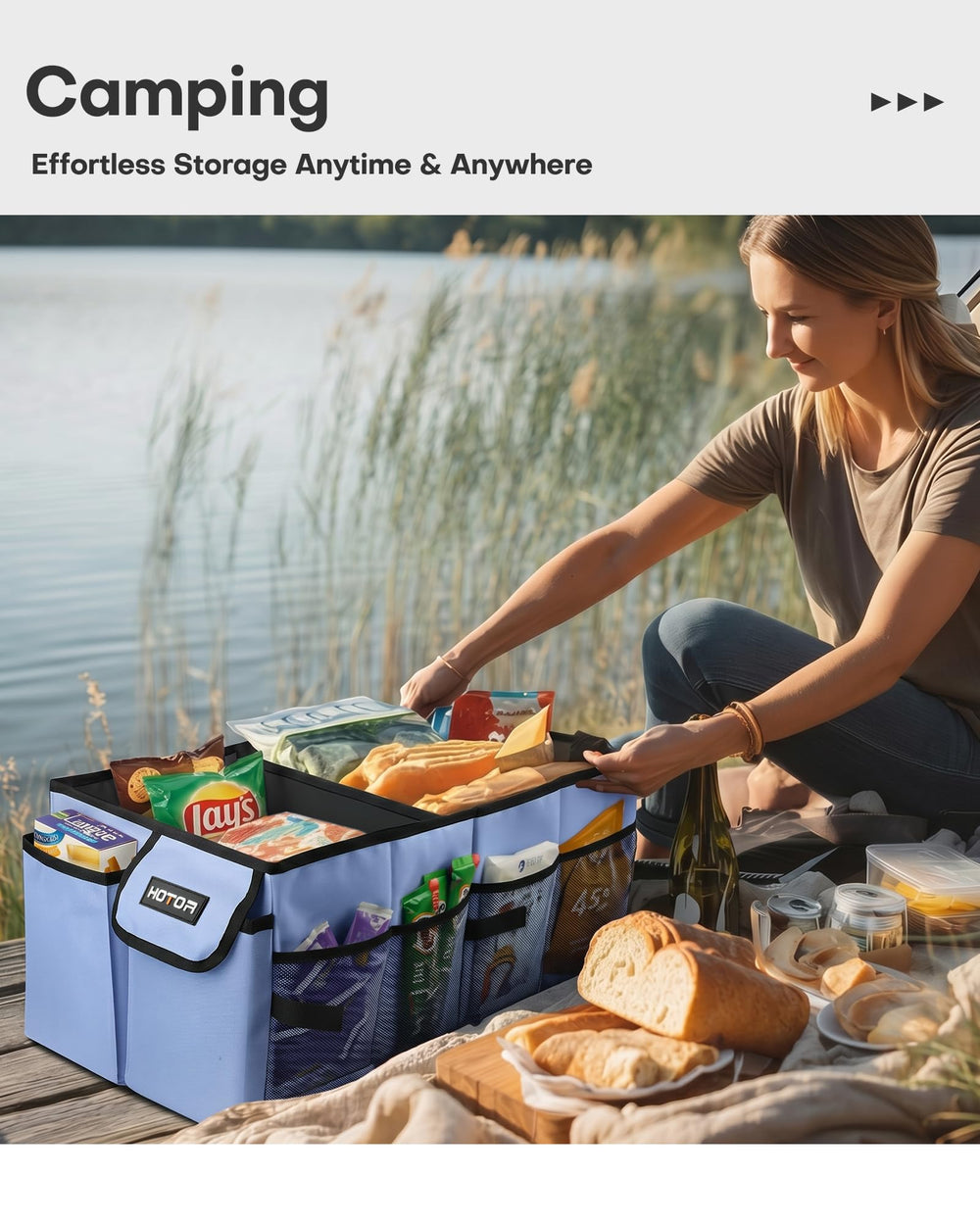 HOTOR Trunk Organizer provides easy access with two compartments and six pockets.