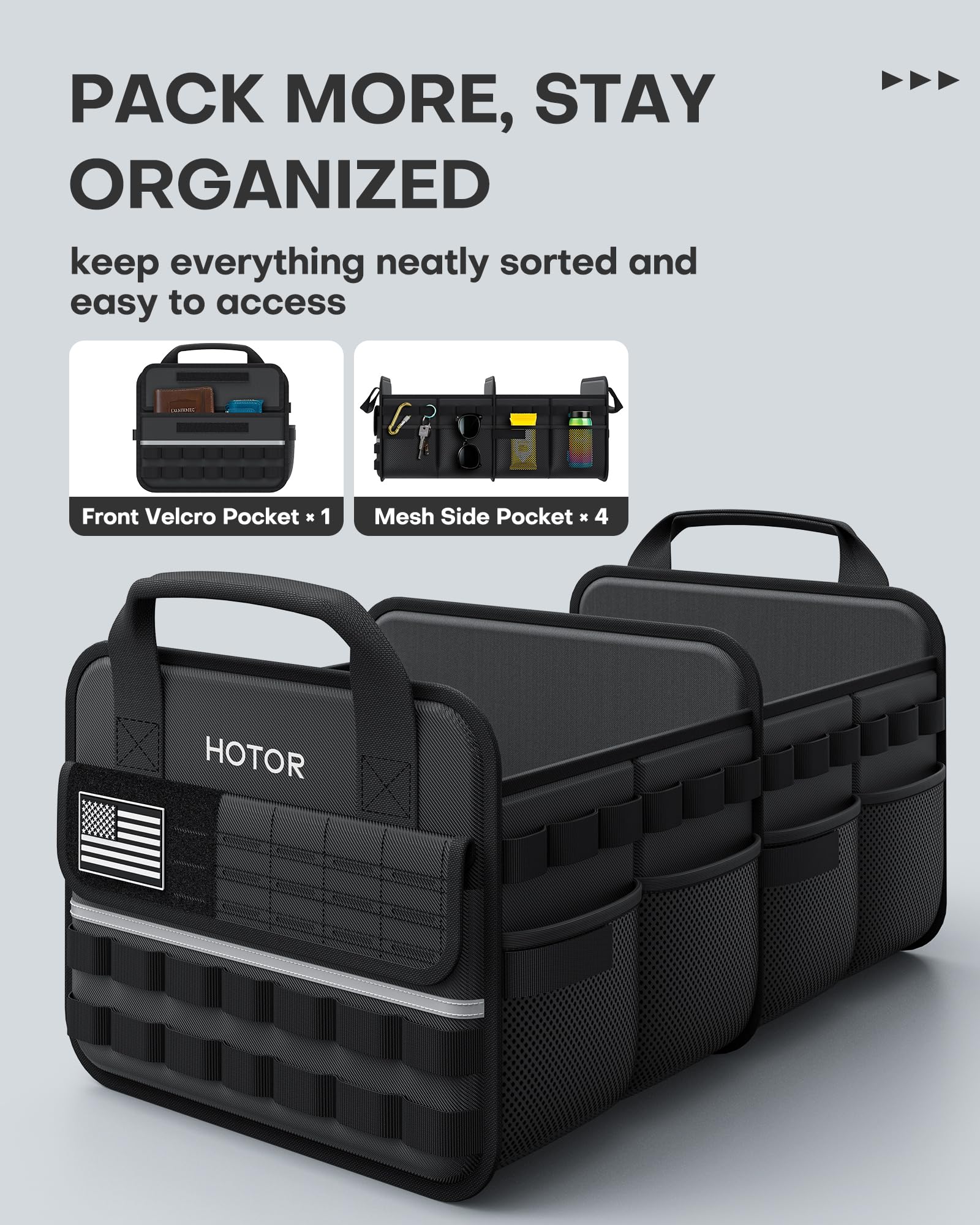 HOTOR Trunk Organizer front MOLLE pocket keeps small gear within reach.