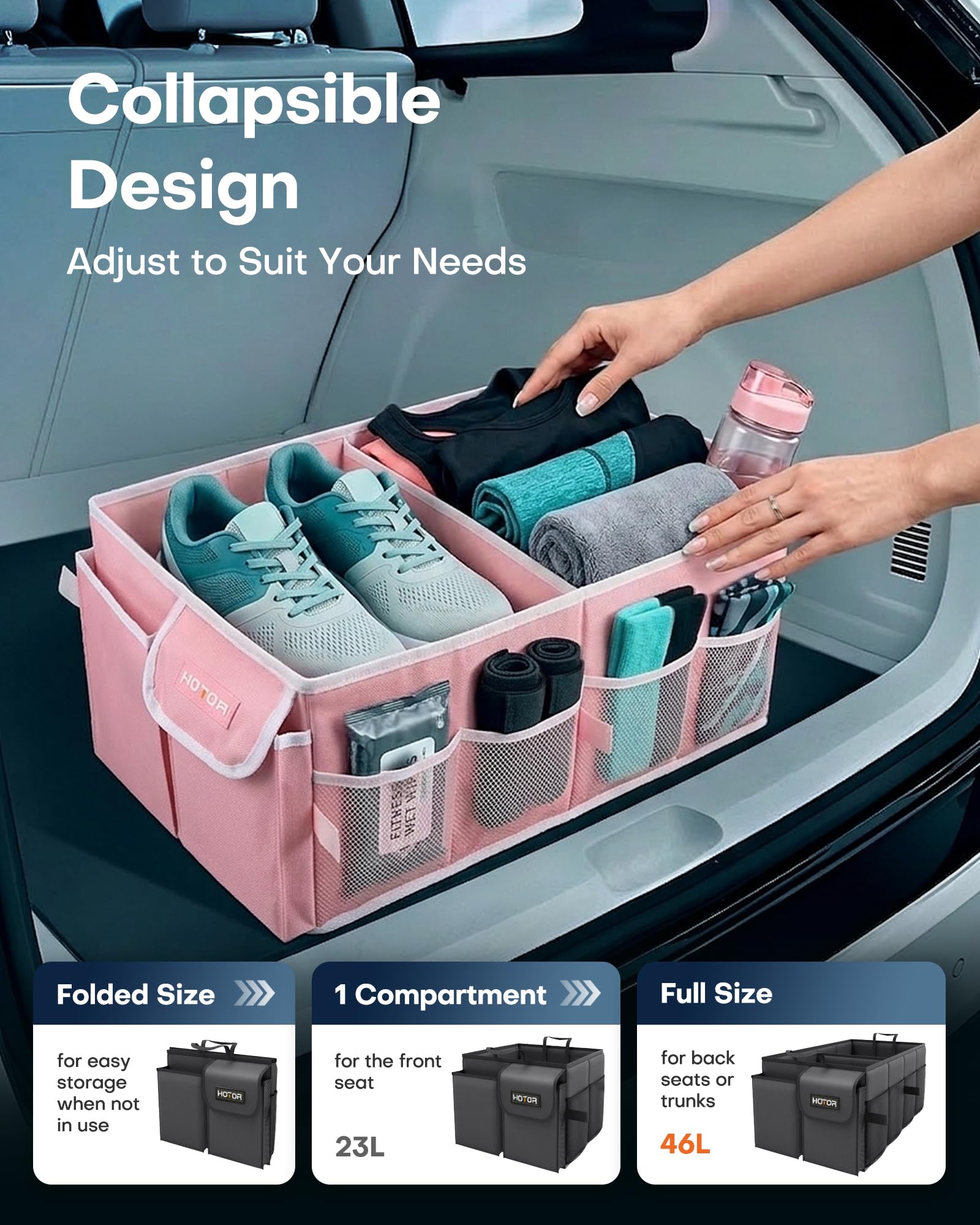 HOTOR trunk organizer highlighting six mesh pockets for quick access.