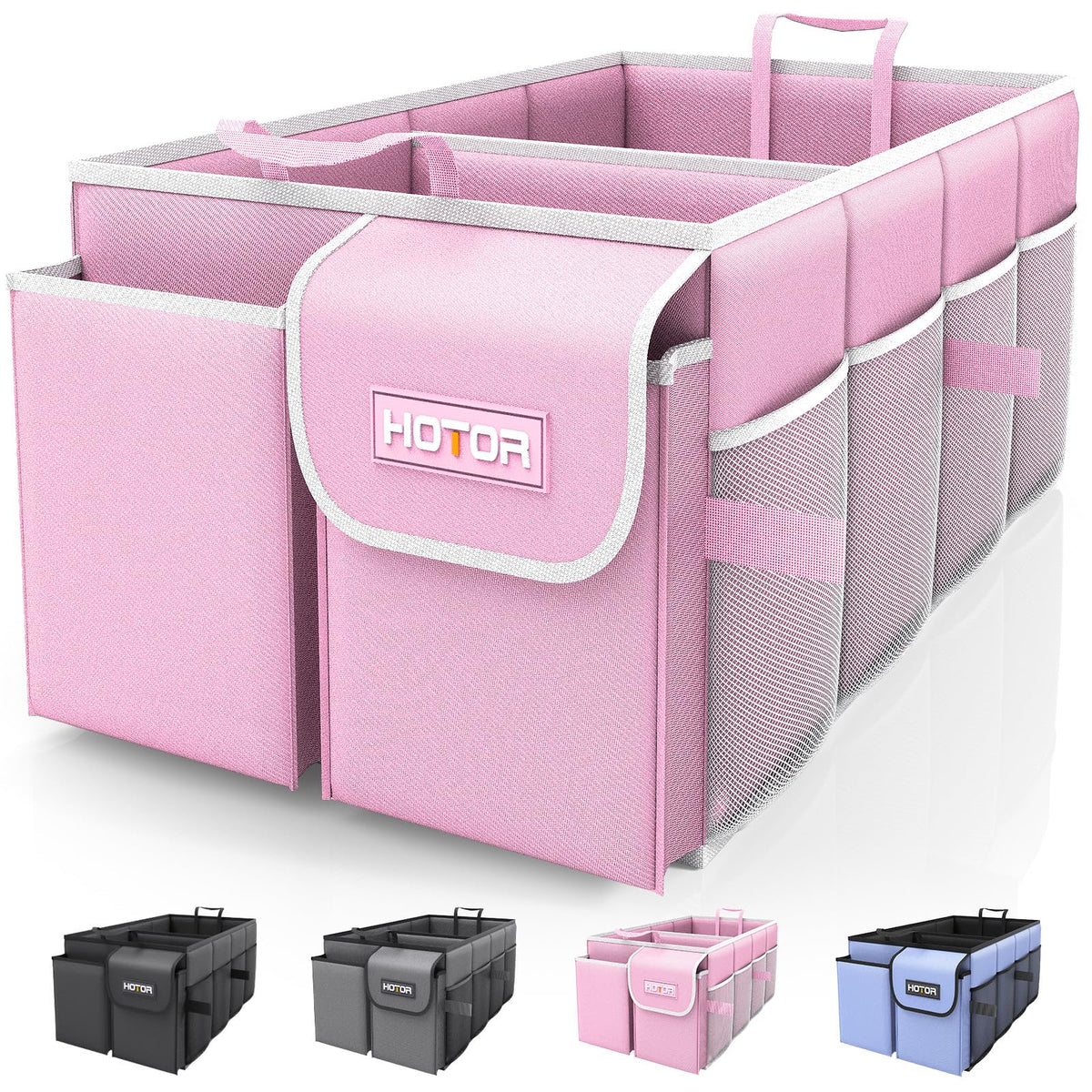 HOTOR pink trunk organizer with two compartments for groceries and tools.