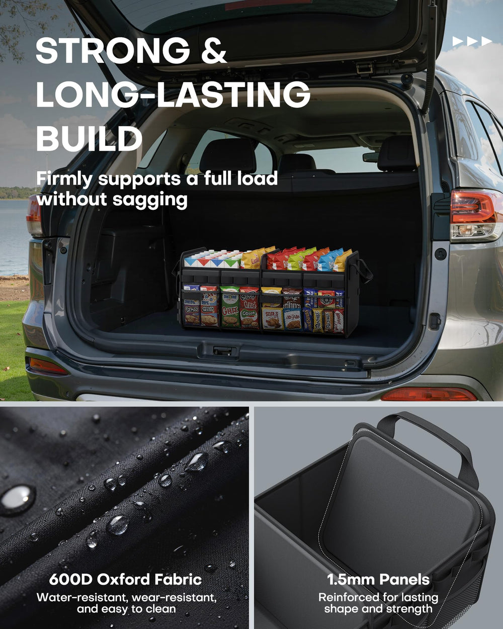 HOTOR Trunk Organizer side pockets with D-rings for quick access.