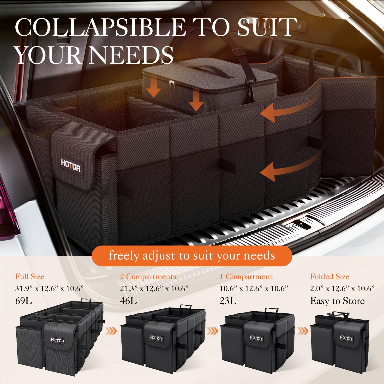 Side pockets and mesh organizers offer quick access to small items in the HOTOR trunk.