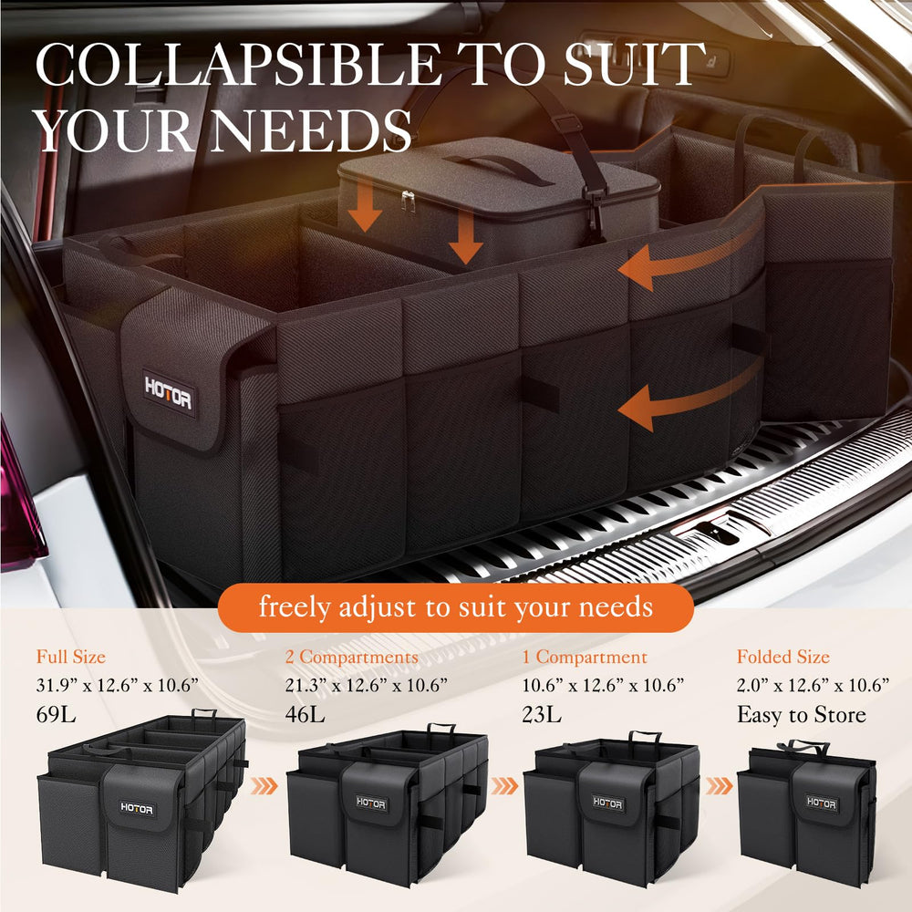 Side pockets and mesh organizers offer quick access to small items in the HOTOR trunk.