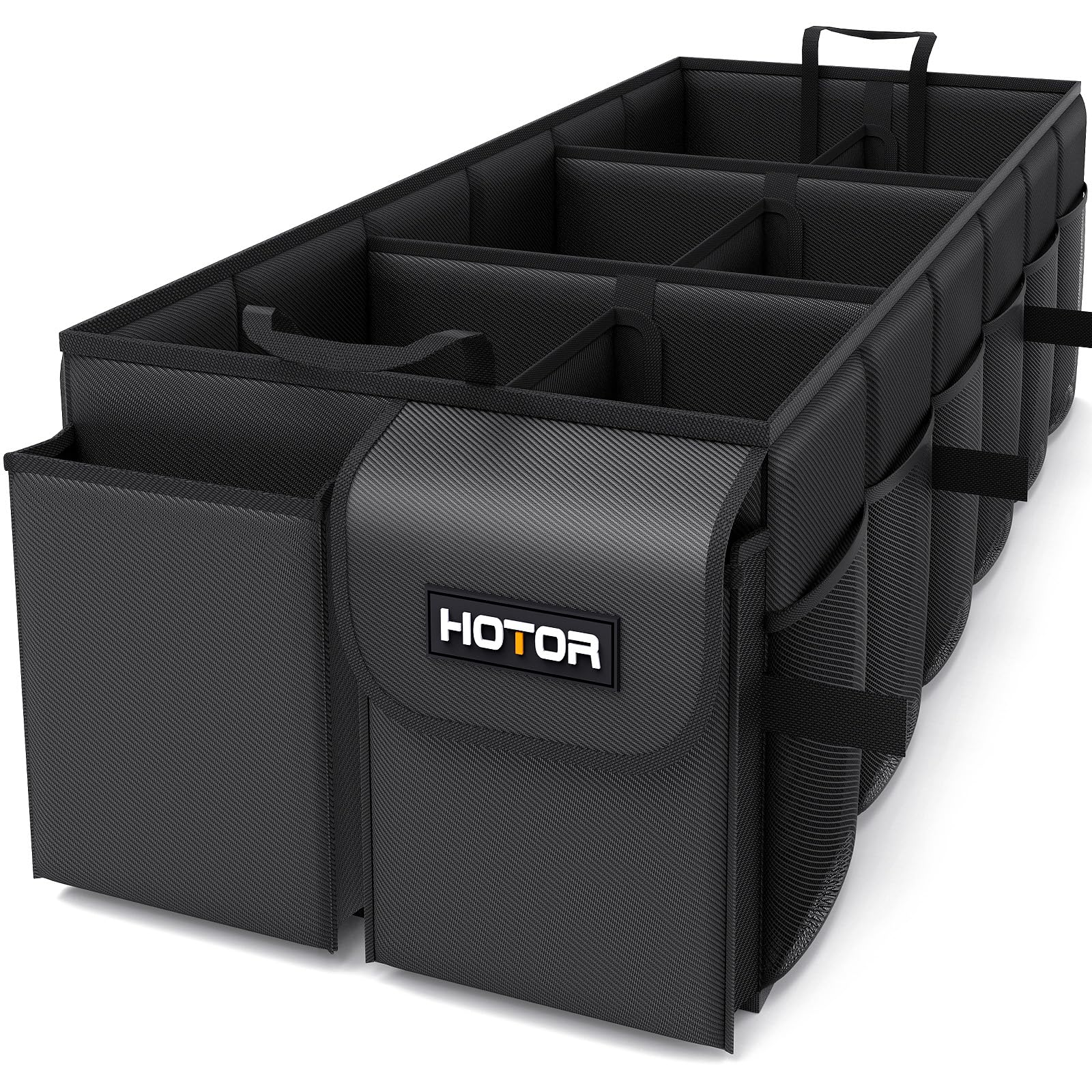 HOTOR trunk organizer with six compartments keeps groceries and tools neatly separated
