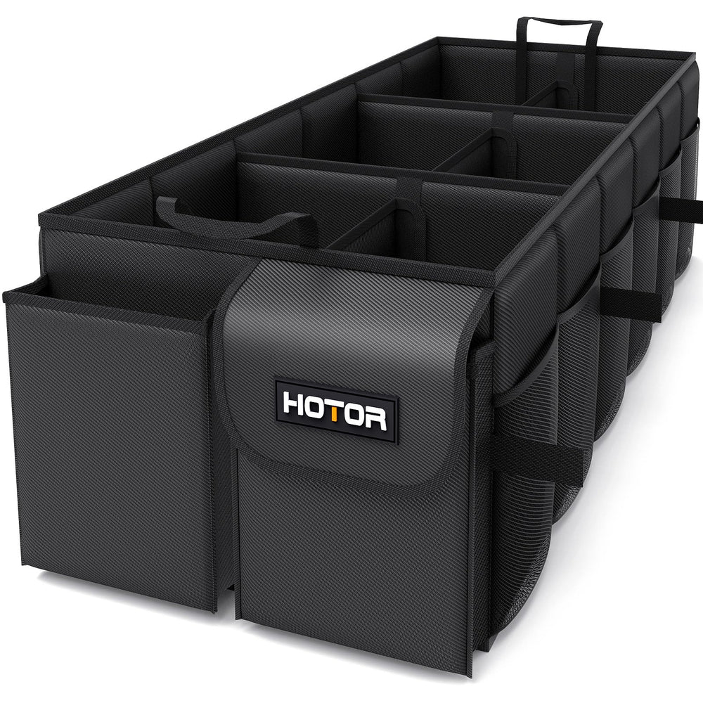 HOTOR trunk organizer with six compartments keeps groceries and tools neatly separated