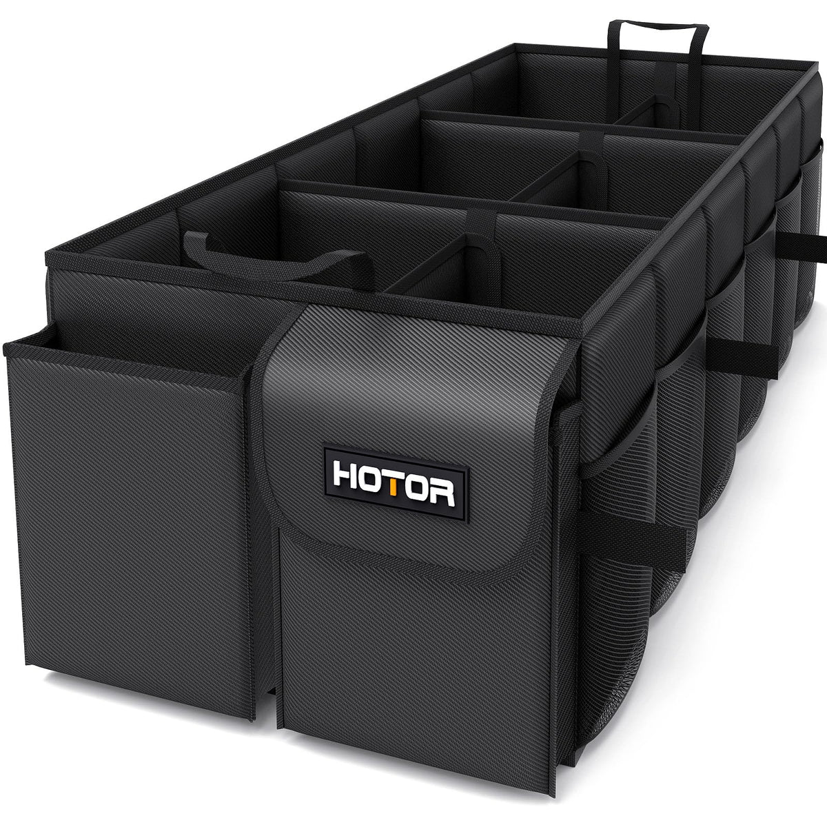 HOTOR trunk organizer with six compartments keeps groceries and tools neatly separated