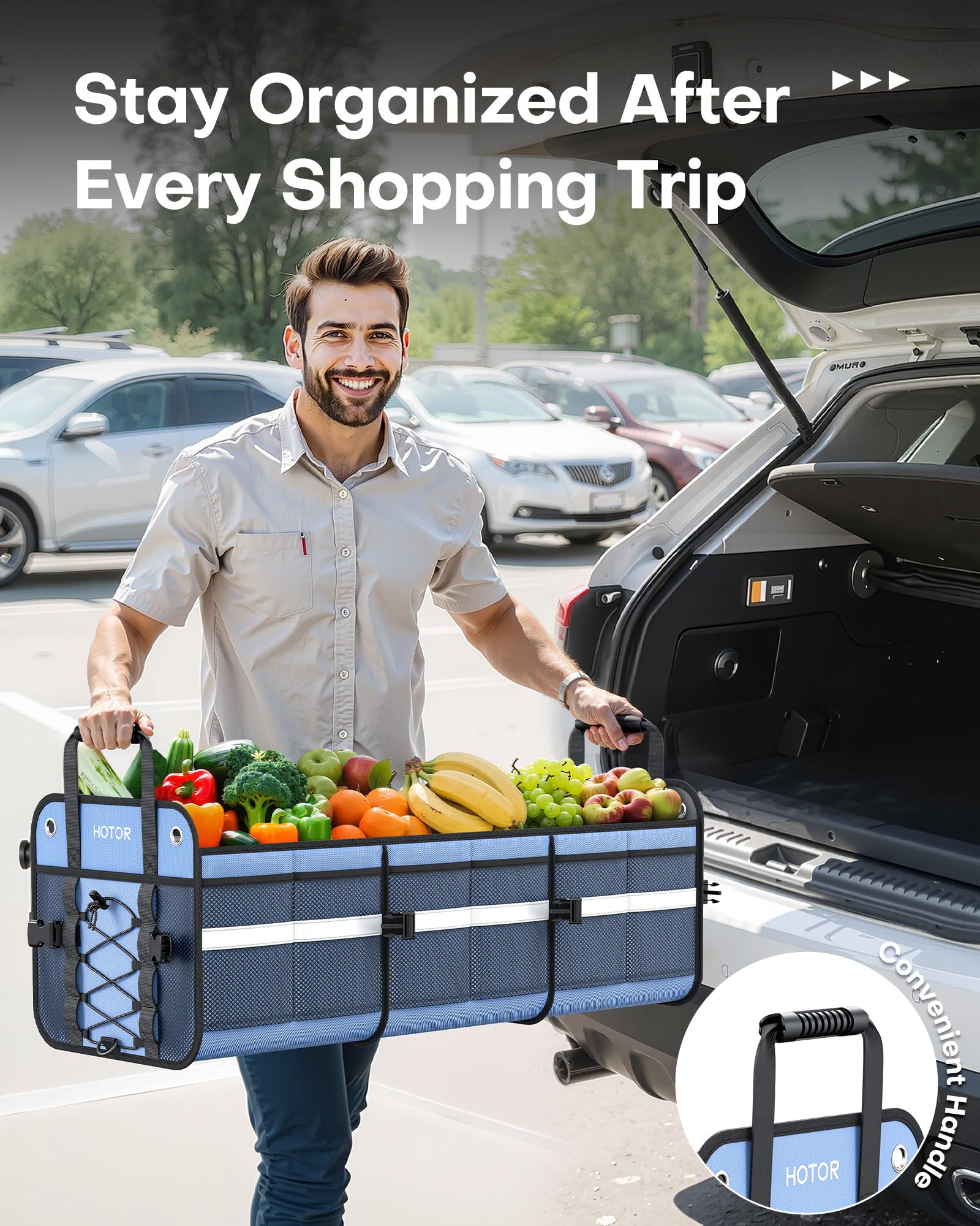HOTOR trunk organizer demonstrates collapsible design saving space when not in use.