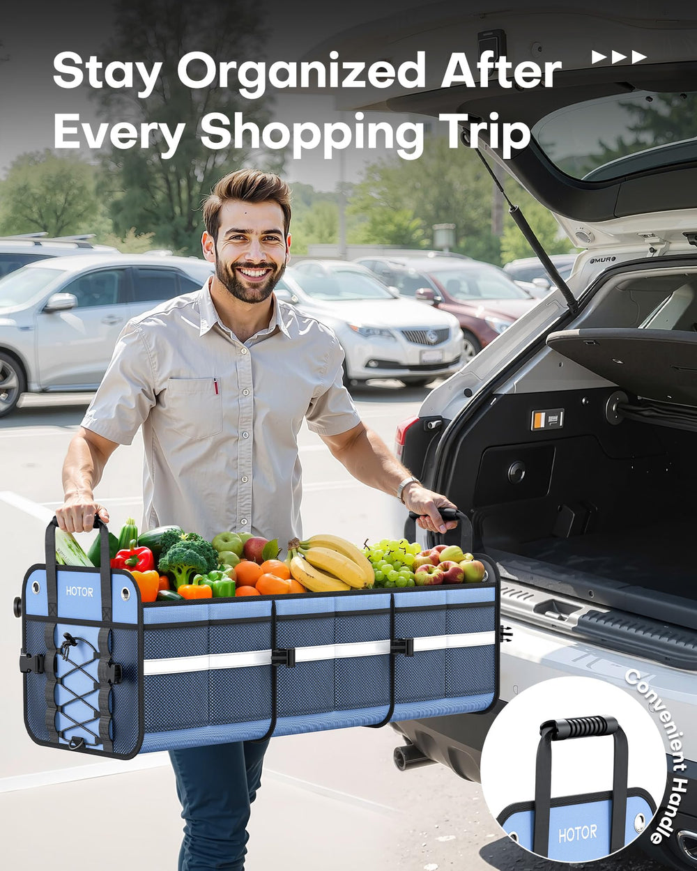 HOTOR trunk organizer demonstrates collapsible design saving space when not in use.