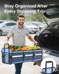 HOTOR trunk organizer demonstrates collapsible design saving space when not in use.