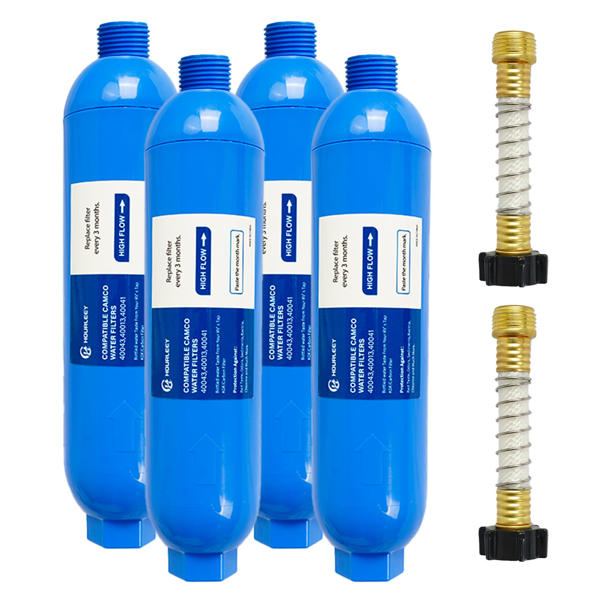 Hourleey 4-pack RV inline water filter ready for installation on the road.