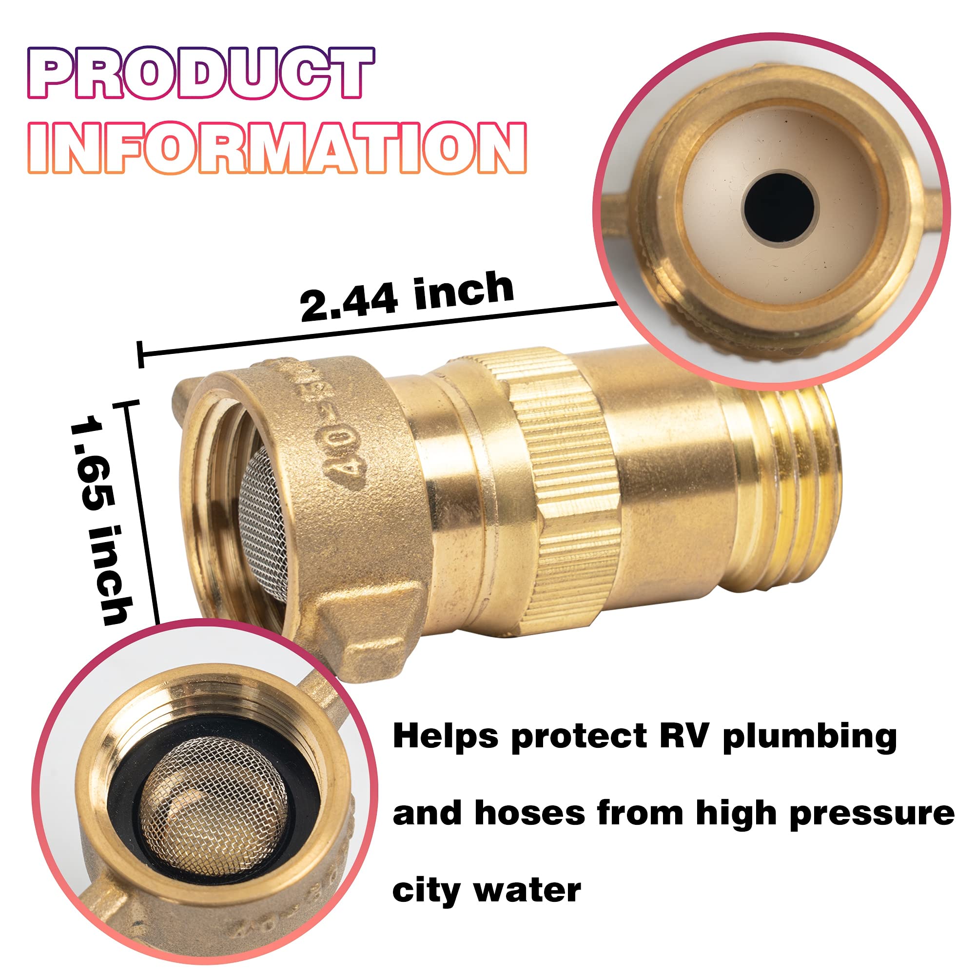 Hourleey 40-50 PSI regulator maintains safe water pressure for RV hookups.