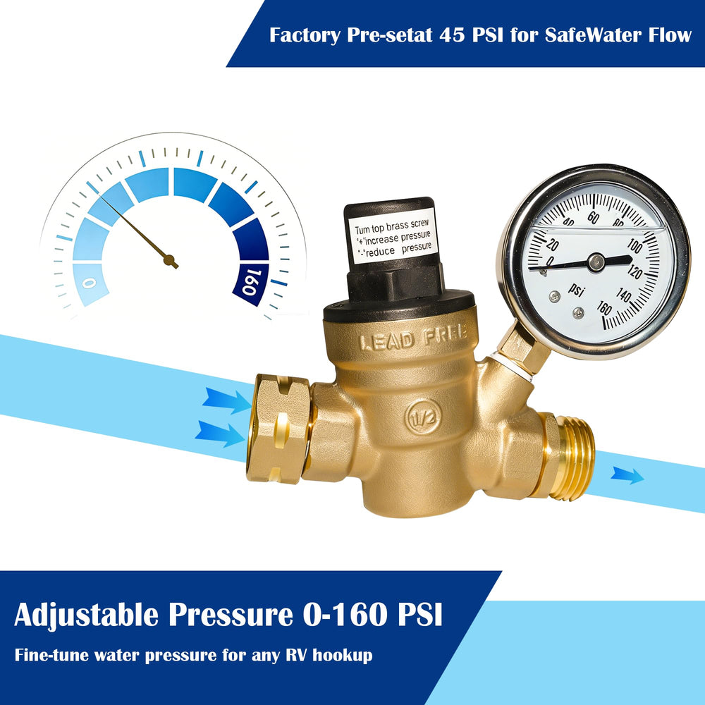 Hourleey brass regulator with pressure gauge highlights regulated RV flow