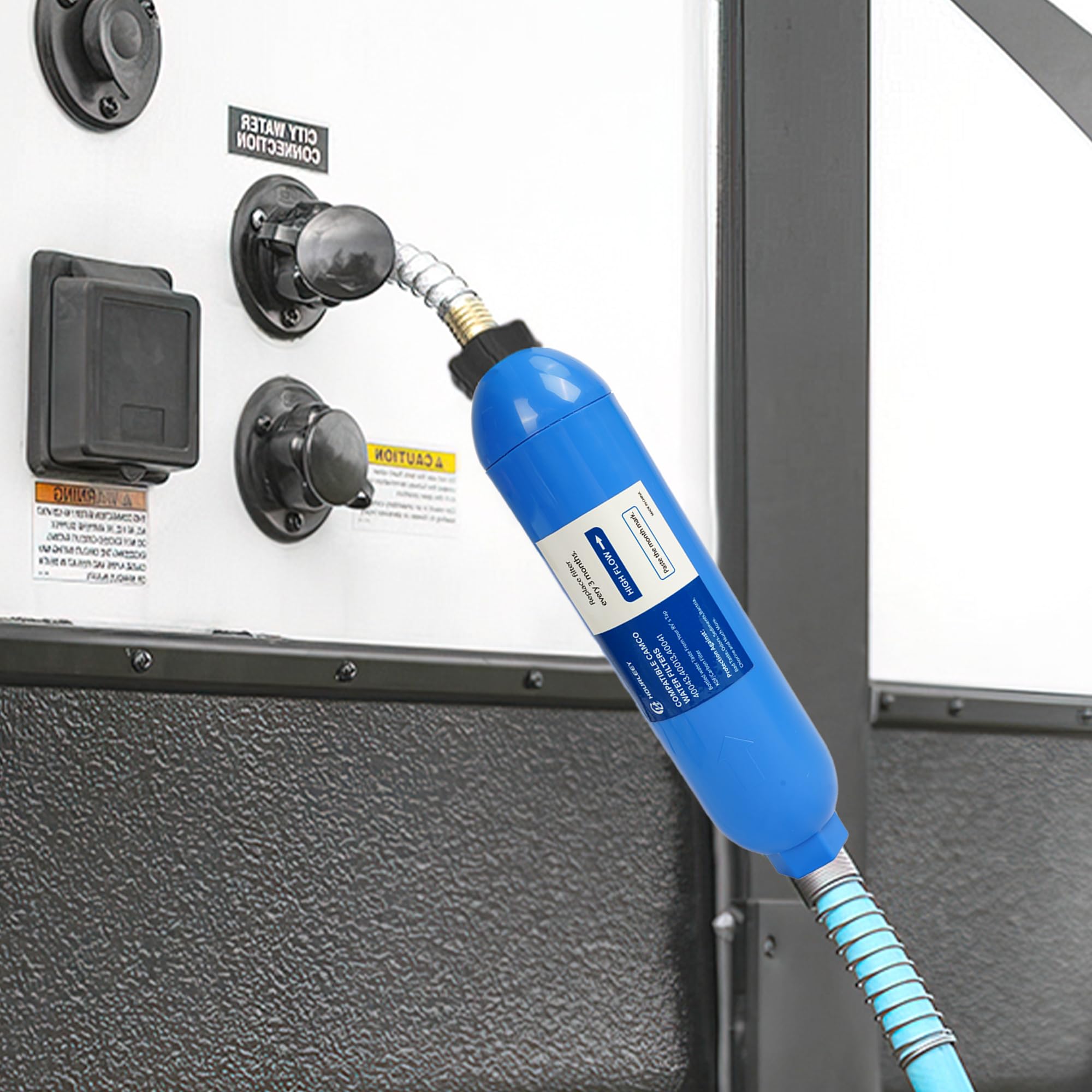 Hourleey multi-use water filter fits RVs, boats, and gardens.