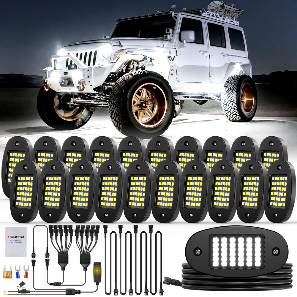Hovano 20-pod white rock light kit illuminating trails with bright 6500K LEDs.