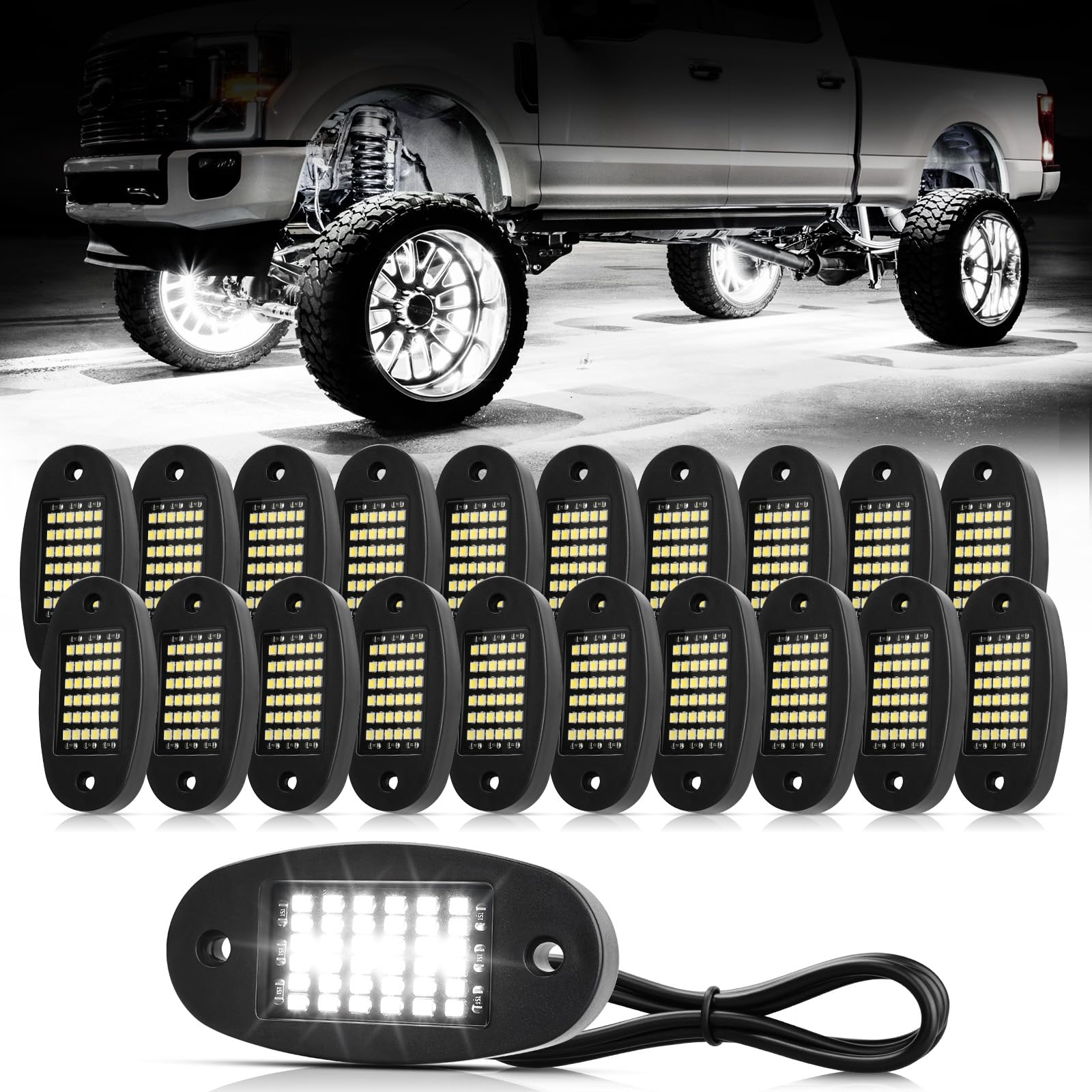 Hovano 20-pod rock light front view showing 6000K white glow for better night visibility.
