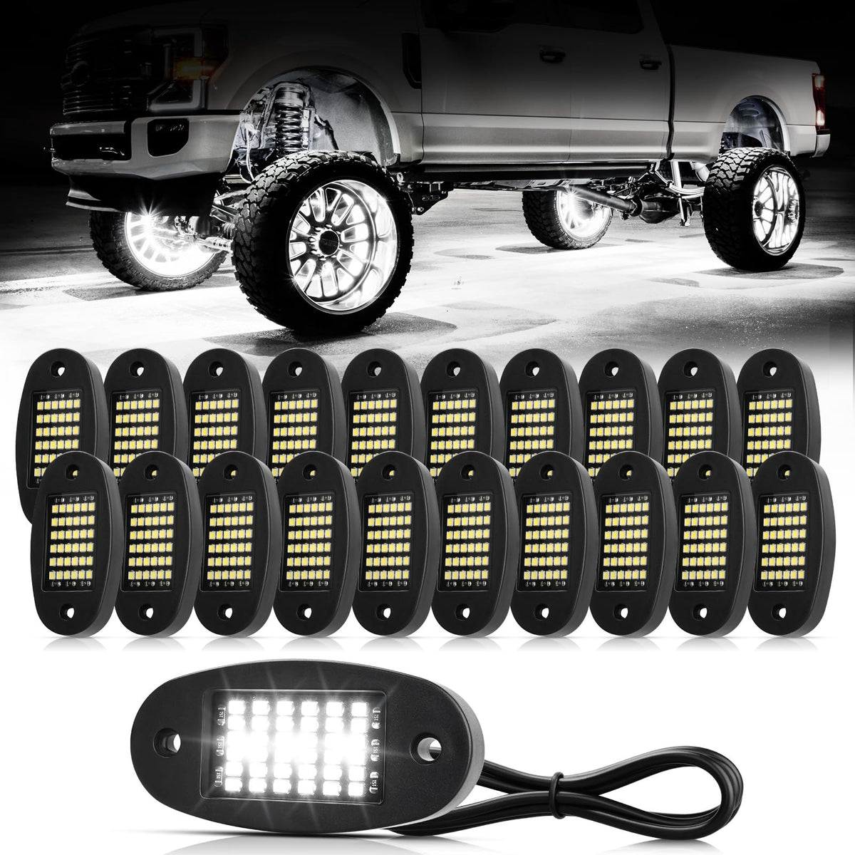 Hovano 20-pod rock light front view showing 6000K white glow for better night visibility.