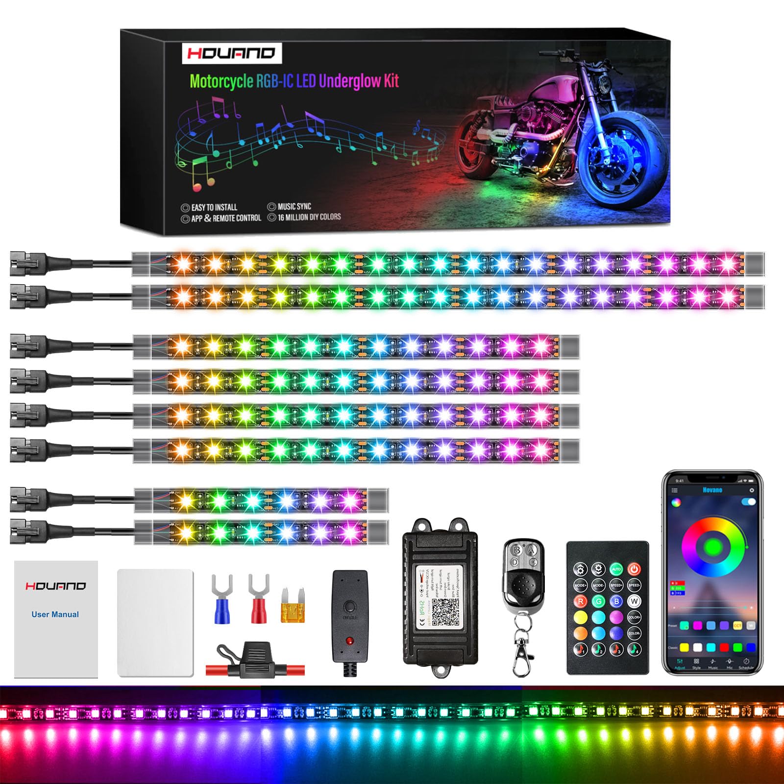 Hovano 8PCS Magic RGB LED light kit brake light enhances visibility for safer riding.