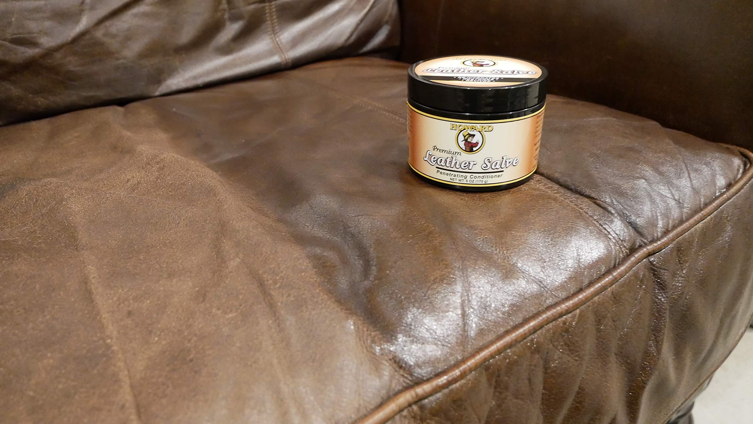 Howard Leather Salve applied to car seat demonstrating deep conditioning