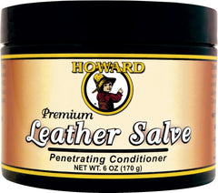 Howard Leather Salve tin closeup showing premium beeswax protection for leather