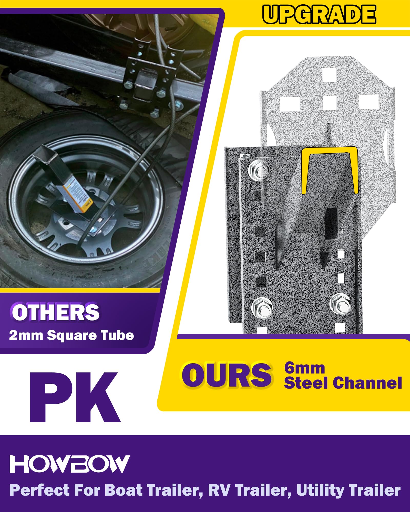 HOWBOW spare tire bracket closeup highlights corrosion-resistant finish for all-weather trailer use.