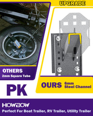 HOWBOW spare tire bracket closeup highlights corrosion-resistant finish for all-weather trailer use.