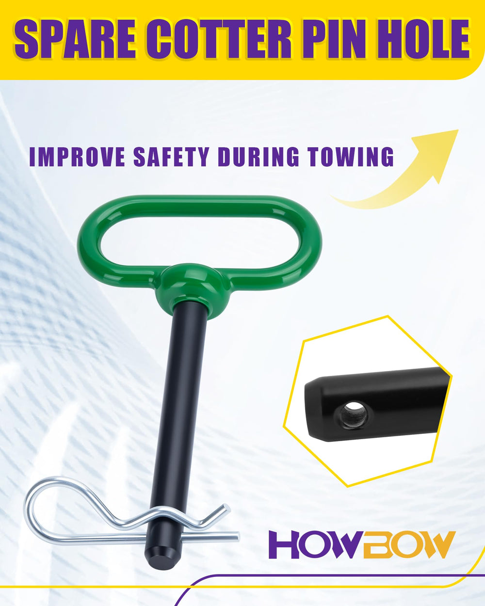 HOWBOW trailer hitch pin easy-grip handle enabling quick installation.