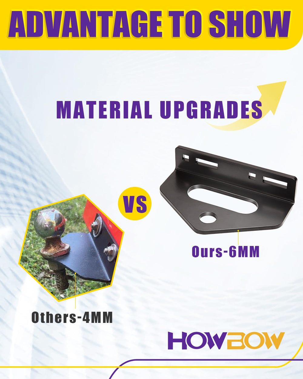 HOWBOW universal lawn mower hitch assembly demonstrates versatile mounting options.