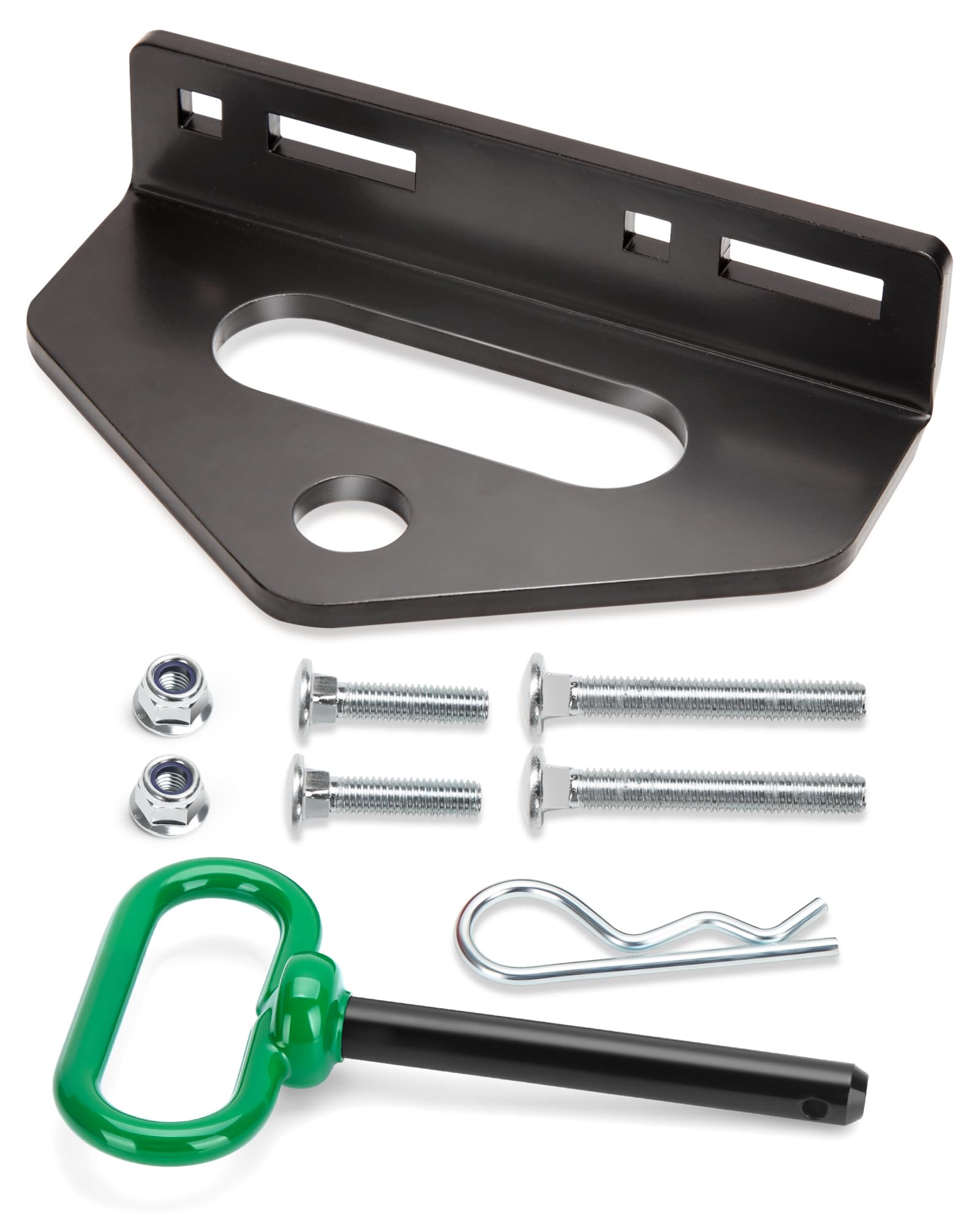 HOWBOW zero turn hitch pin in use, enabling quick attachment and secure towing.