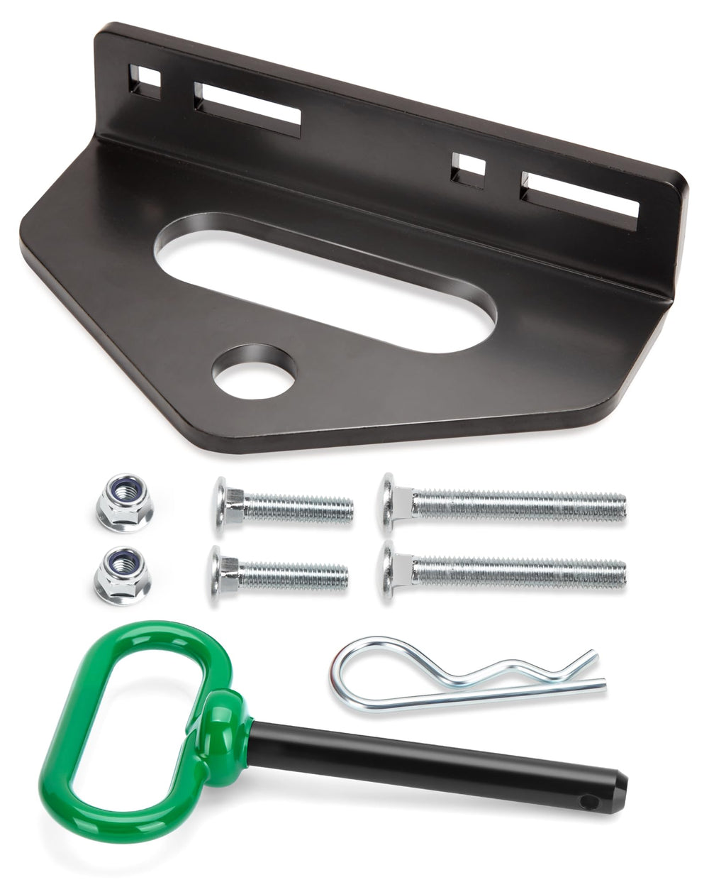 HOWBOW zero turn hitch pin in use, enabling quick attachment and secure towing.