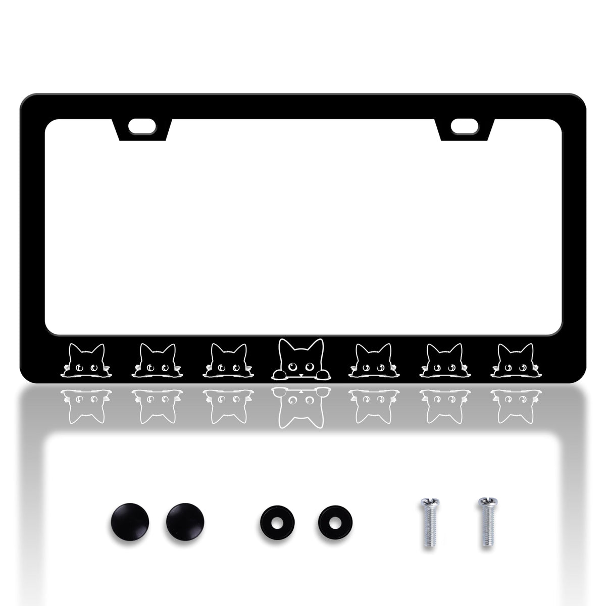 HOWKWAWY Black Cat license plate frame front view with durable stainless steel finish
