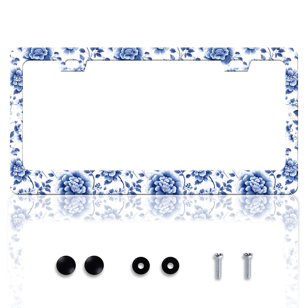 HOWKWAWY Blue White porcelain flowers license frame adds elegant style to your car.