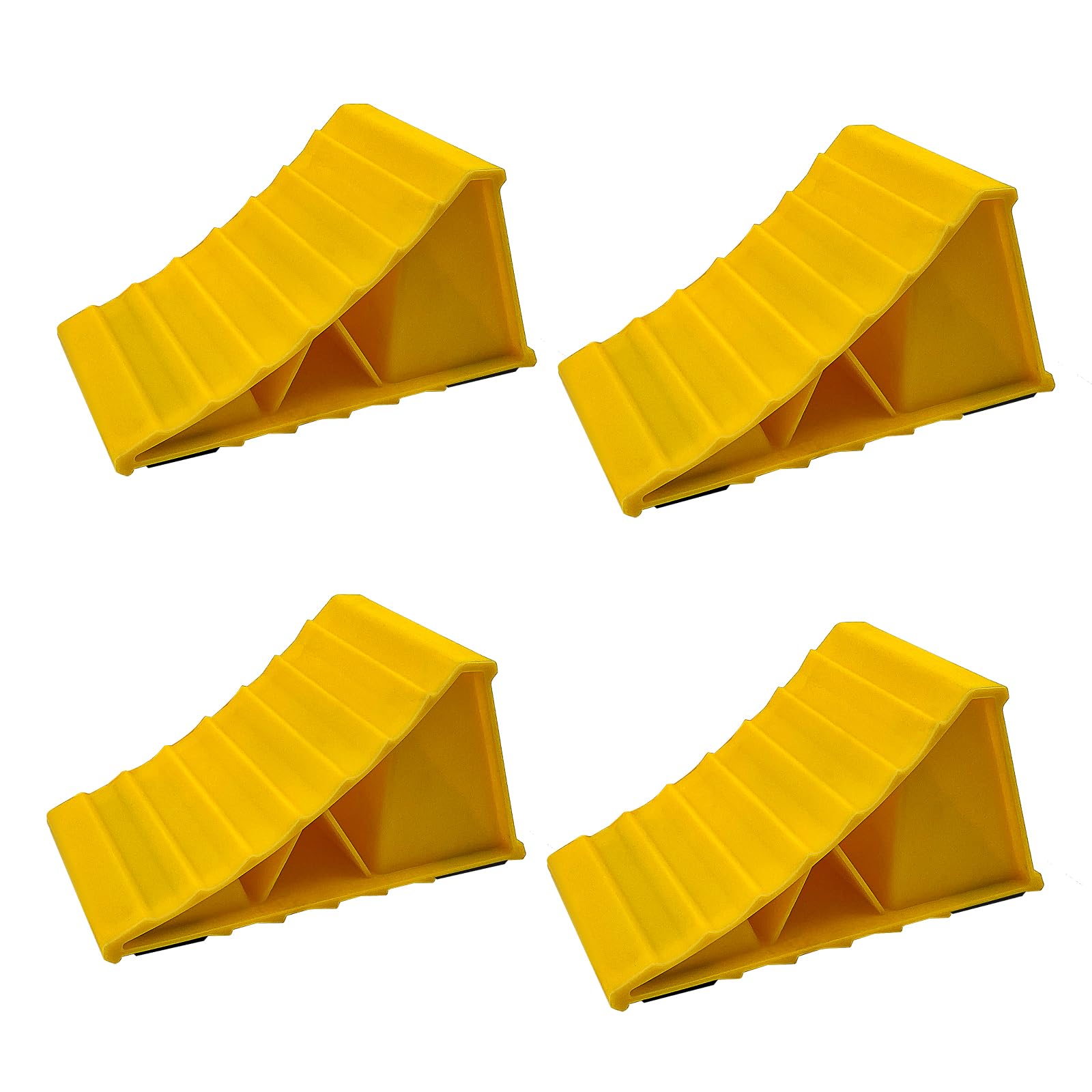 HOXWELL two-pairs wheel chocks in bright yellow securing RV wheels