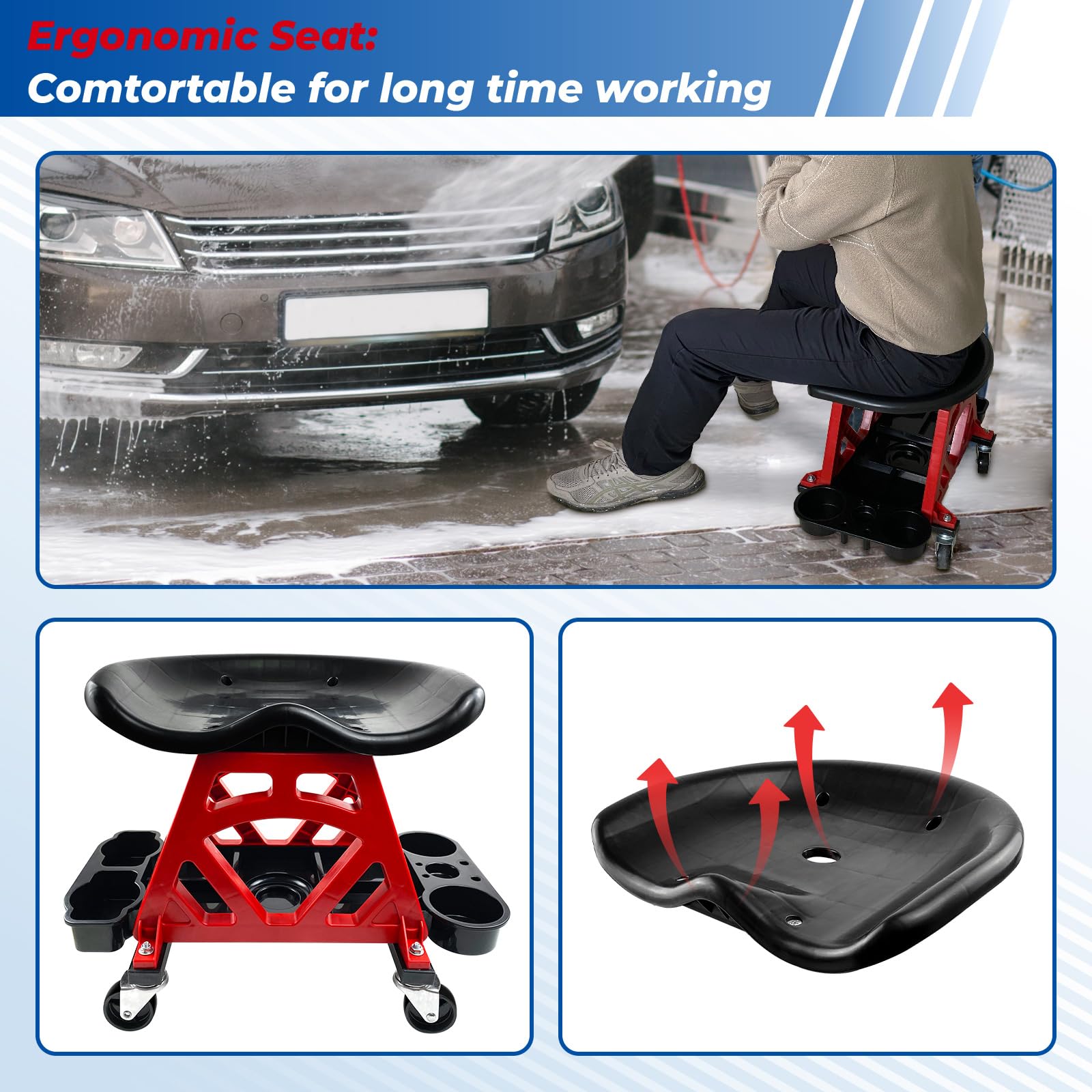 HOXWELL ergonomic seat design reduces squatting and strain during repairs.