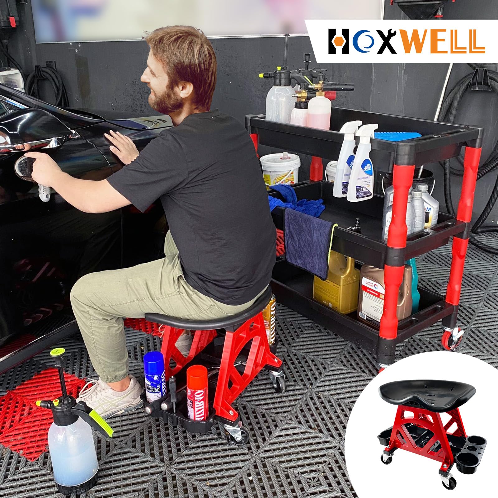 HOXWELL mechanic seat in home workshop setting for versatile use.