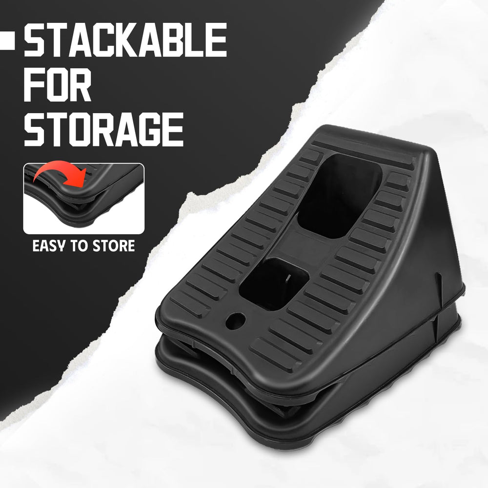 HOXWELL black non-slip wheel chock offers strong grip on uneven surfaces.