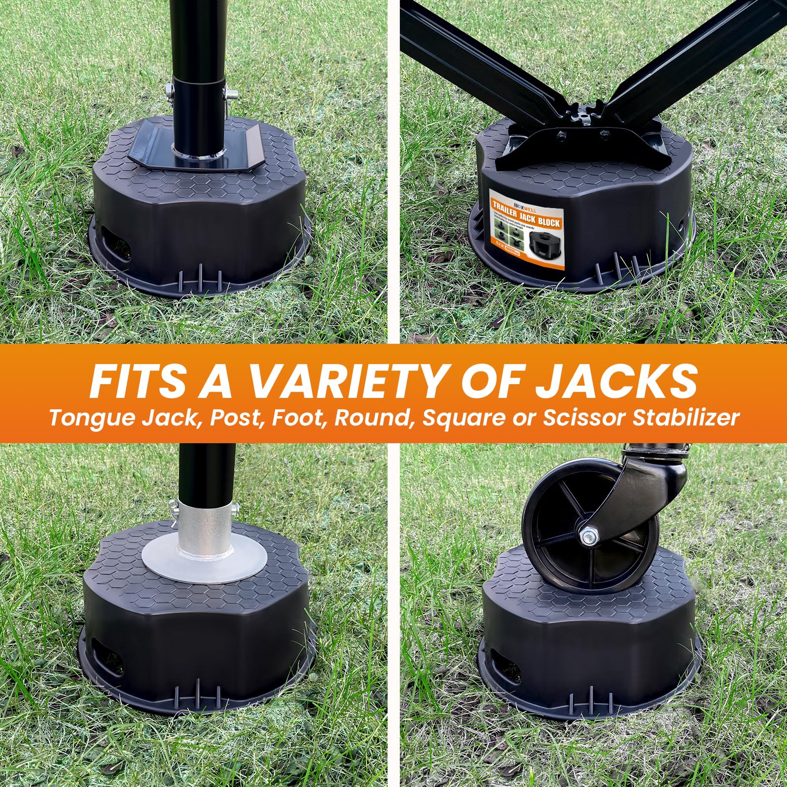HOXWELL wide-compatible block fits most jacks for stable leveling.