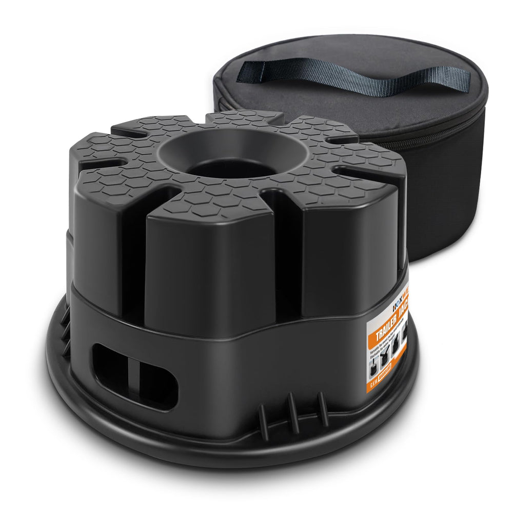 HOXWELL trailer jack block with bag stabilizes your tongue jack on uneven ground.