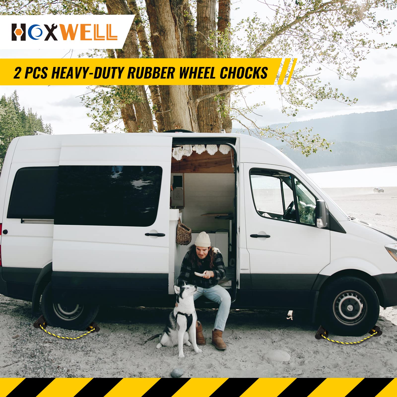 HOXWELL chocks in use with various vehicle types for parking safety