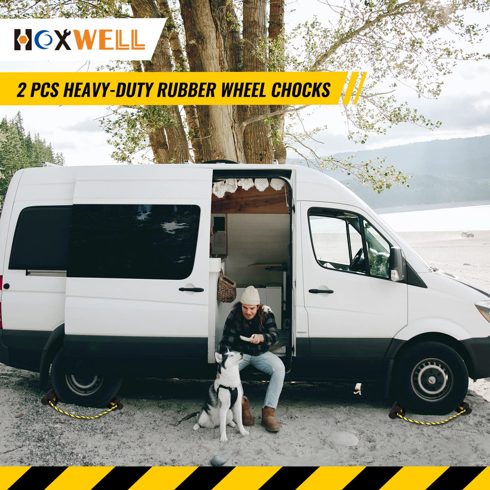 HOXWELL chocks in use with various vehicle types for parking safety