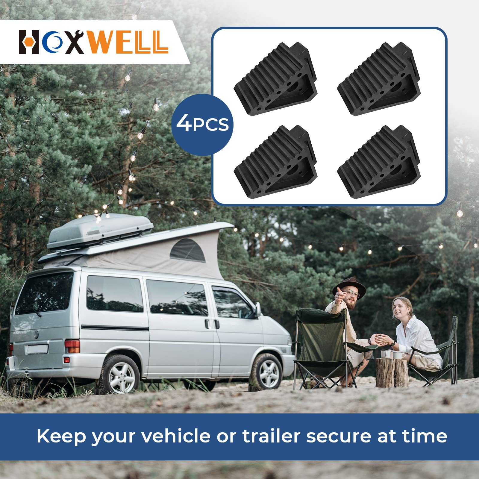HOXWELL 4-pack wheel chocks ready for storage and quick use.