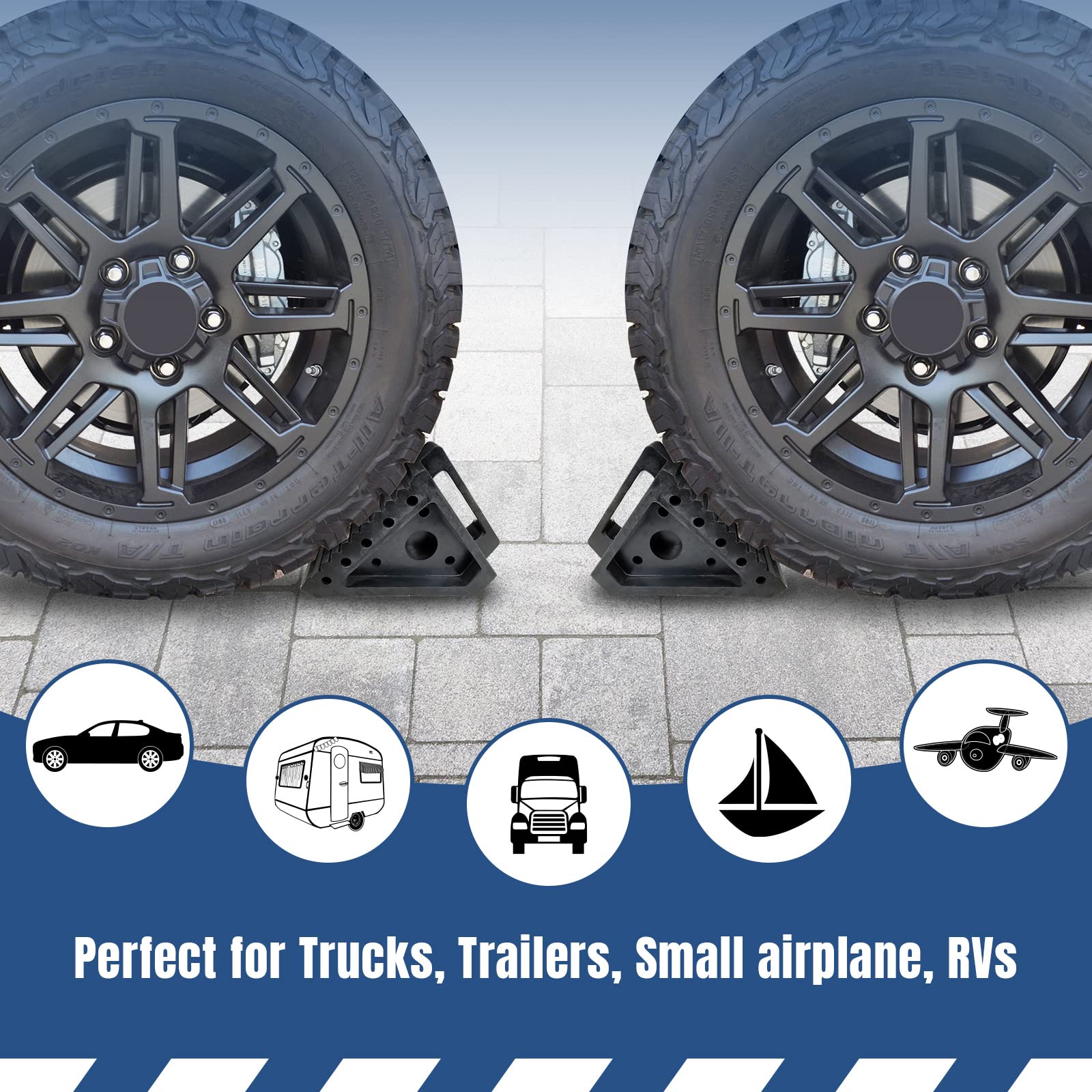 HOXWELL wheel chocks compatible with RVs, trailers, cars, and trucks.