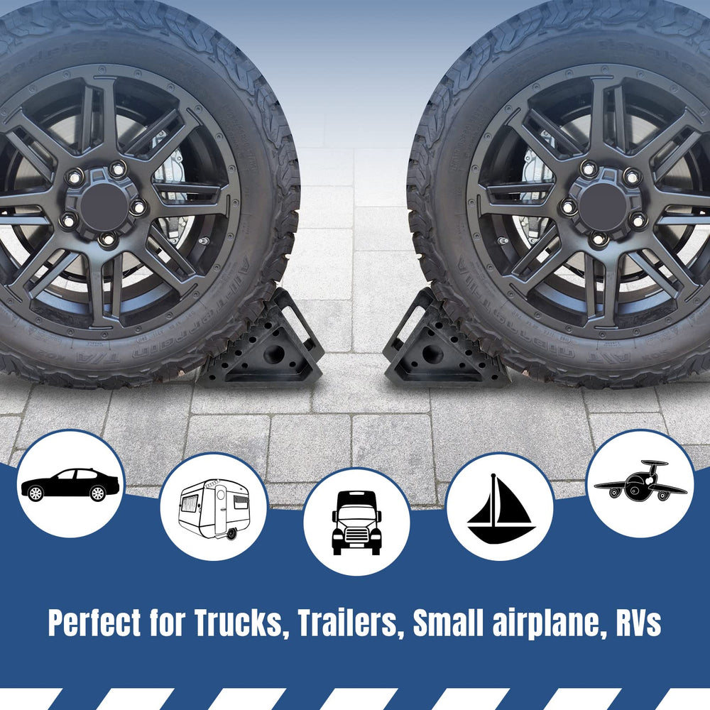 HOXWELL wheel chocks compatible with RVs, trailers, cars, and trucks.