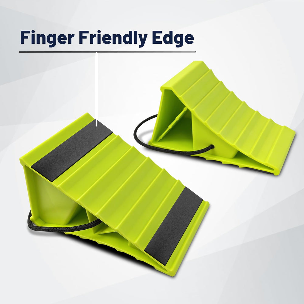 HOXWELL chocks feature grooved bottom for strong hold on tires.