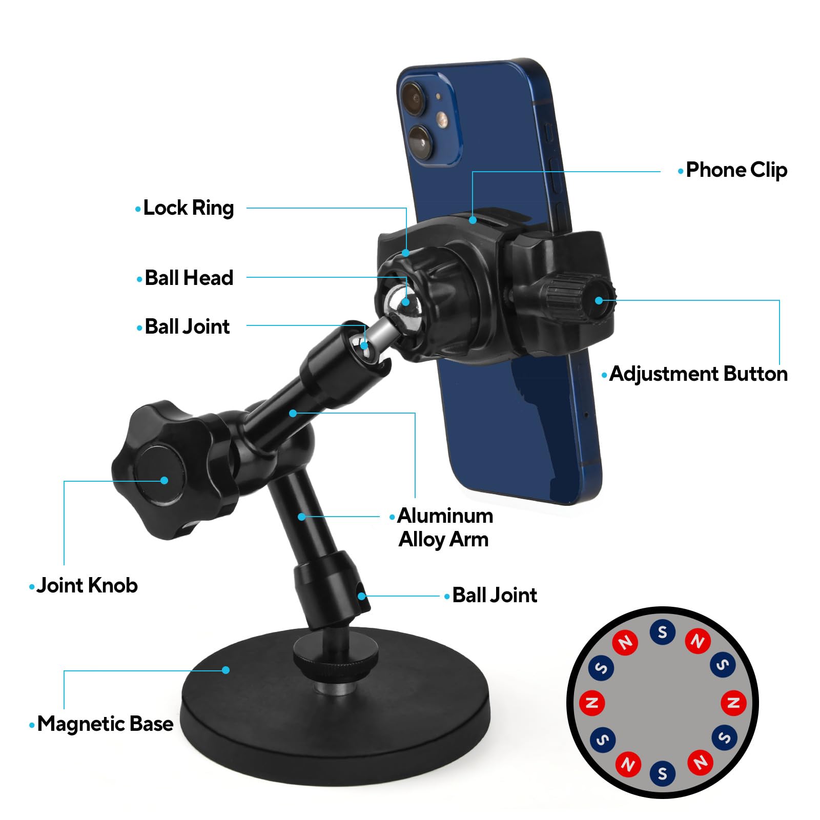 HOYXUN magnetic phone holder 360-degree arm enables flexible workout angles.