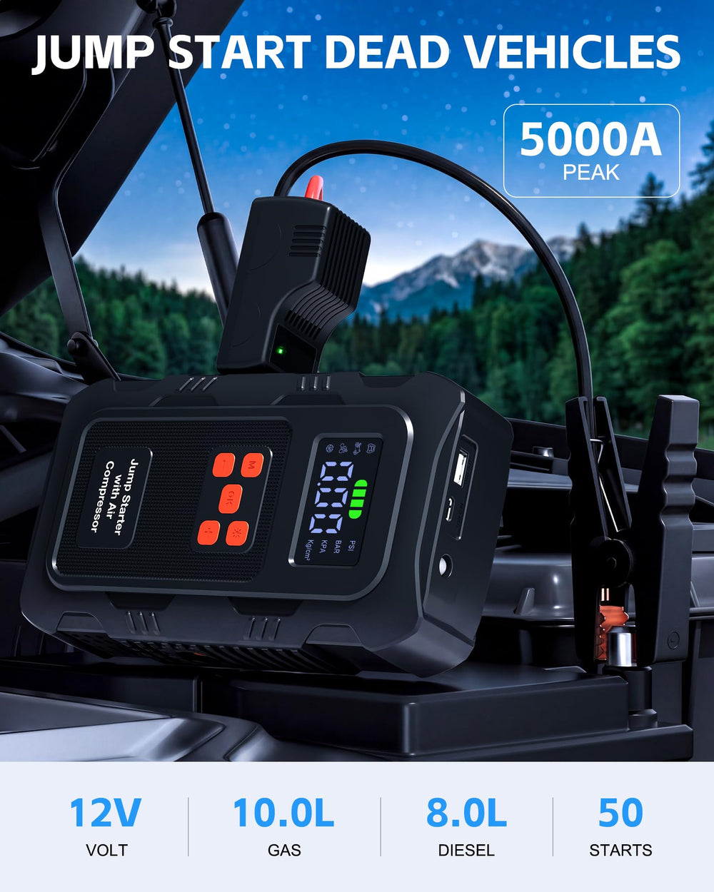 HPBS 5000A jump starter back view shows compact storage for car kits