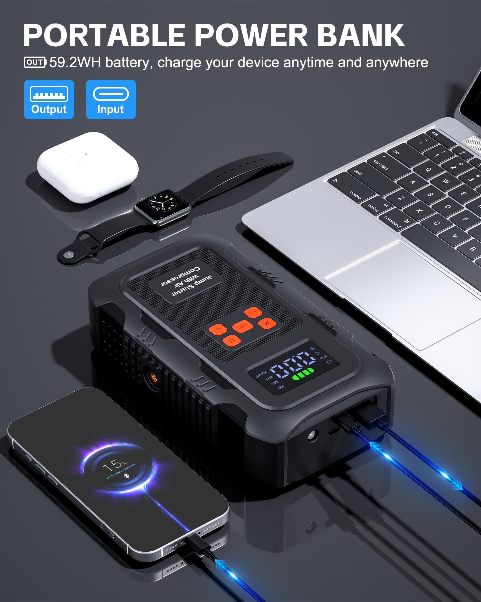 HPBS 5000A jump starter with USB port powers devices during trips